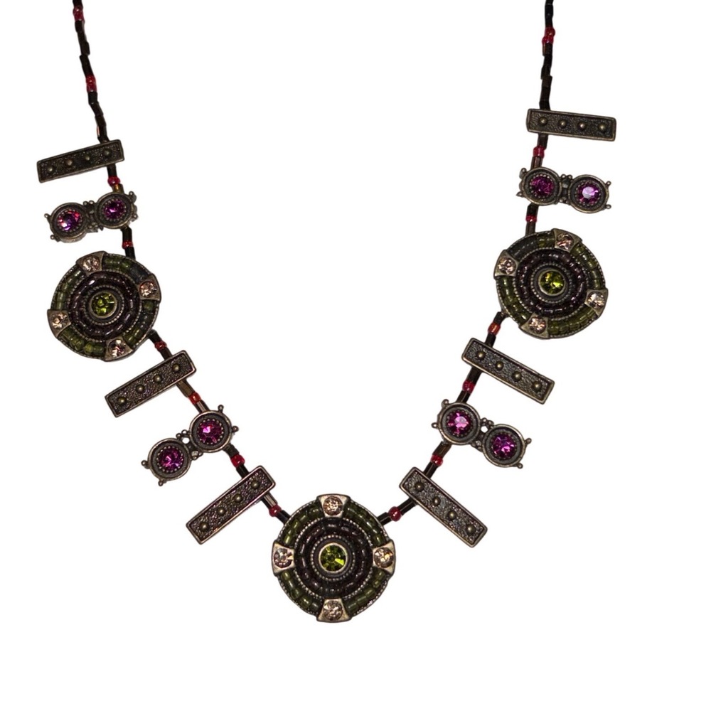 Boho Bronze Statement Necklace Rhinestone Geometric Beaded Magenta Green 18.5"